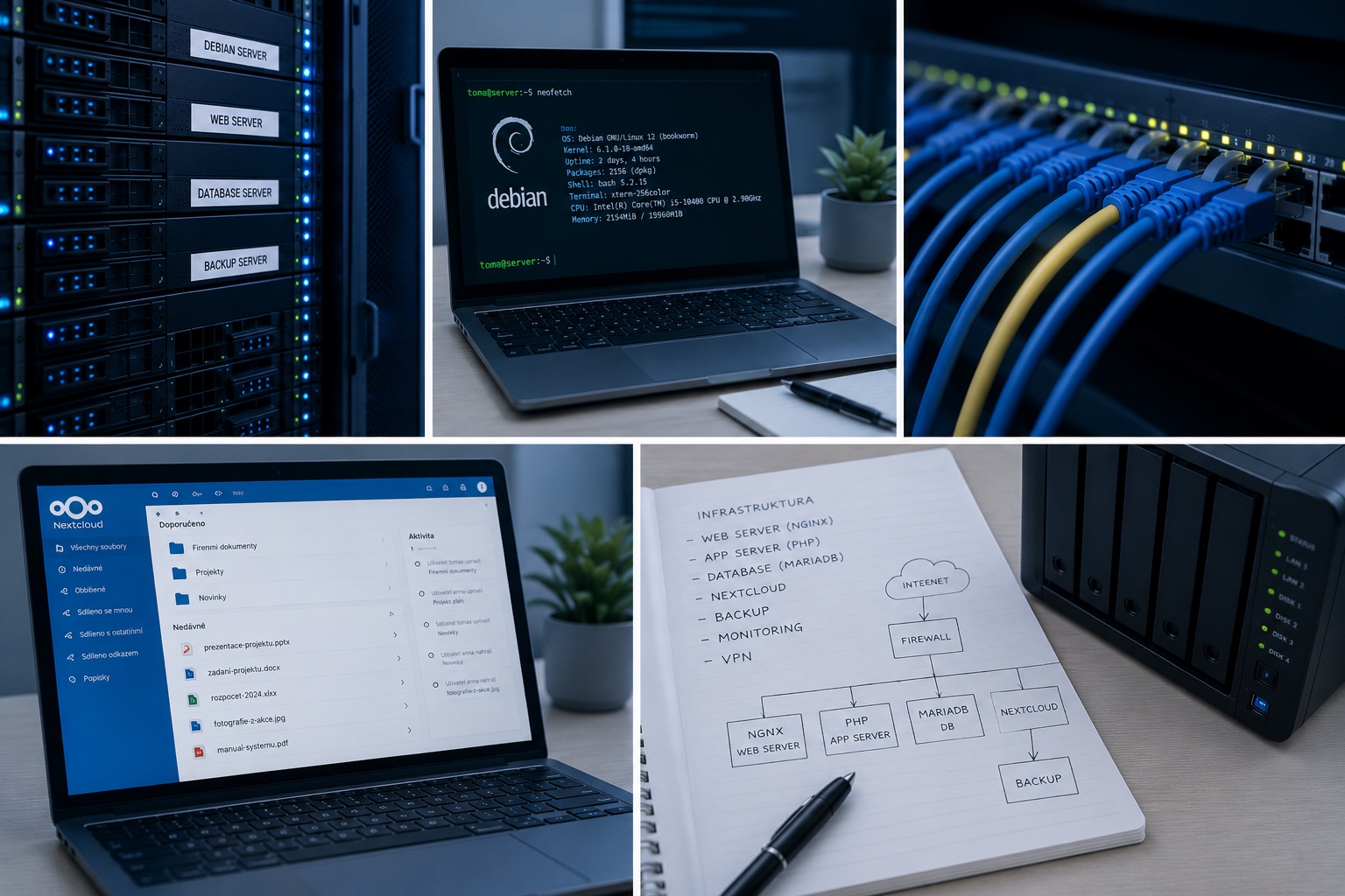 Koláž serverové infrastruktury a informačních technologií